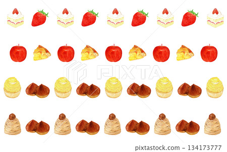 Hand drawn watercolor sweets decorative line set (shortcake, apple pie, Mont Blanc, fruit) 134173777