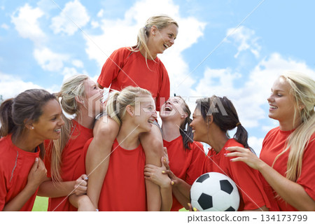 Sports, success and women soccer team winner celebrating victory, achievement or match goal on field. Football, champion and girl group lifting captain in celebration, competition or training triumph Sports, success and women soccer team winner celebrating victory, achievement or match goal on field. Football, champion and girl group lifting captain in celebration, competition or training triumph 134173799