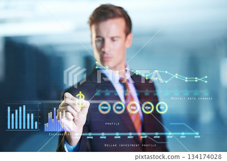 Business, futuristic and man with hologram, digital interface and planning with charts. Male person, employee and entrepreneur with information, interactive or future with ideas, innovation or profit Business, futuristic and man with hologram, digital interface and planning with charts. Male person, employee and entrepreneur with information, interactive or future with ideas, innovation or profit 134174028