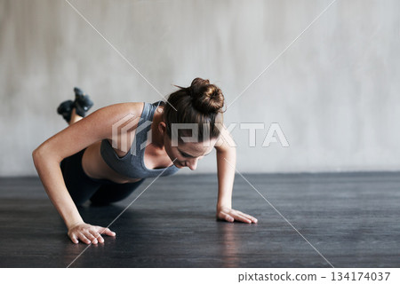 Fitness workout, active and woman doing push up for exercise, health performance or sports training for bodybuilding. Endurance challenge, determination or exercising female person doing floor pushup Fitness workout, active and woman doing push up for exercise, health performance or sports training for bodybuilding. Endurance challenge, determination or exercising female person doing floor pushup 134174037