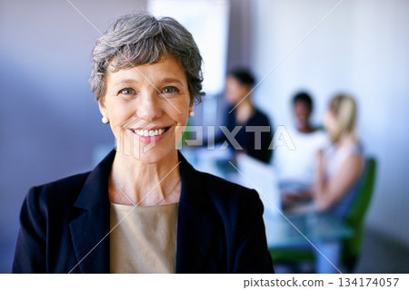 Portrait, business and woman with a smile, leadership and confident at the office, meeting and professional. Face, female leader and employee with happiness, mentor and startup with management skills Portrait, business and woman with a smile, leadership and confident at the office, meeting and professional. Face, female leader and employee with happiness, mentor and startup with management skills 134174057