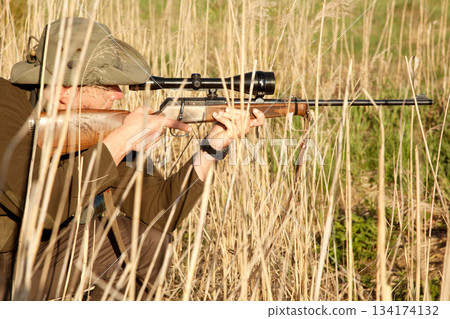 Nature, wildlife and male hunter with a shotgun while in camouflage shooting in outdoor field. Grass, safari and man hunting animals with rifle weapon hiding in plants to shoot target in countryside. 134174132
