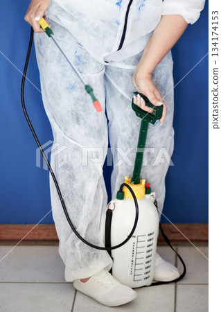 Pest control, disinfection and biohazard with woman and fumigator for home improvement and treatment in closeup. Risk, protection and health with female exterminator for cleaning, spray and hygiene 134174153