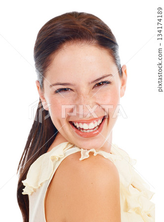 Beauty, portrait and happy woman laughing at funny joke, studio comedy and smile for face makeup, cosmetics or skincare. Happiness, comic humor and female person laugh isolated on white background 134174189