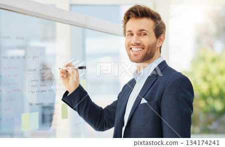 Board, happy office portrait and man writing project plan, corporate innovation or planning business development. Brainstorming, information and professional person smile for startup entrepreneurship Board, happy office portrait and man writing project plan, corporate innovation or planning business development. Brainstorming, information and professional person smile for startup entrepreneurship 134174241