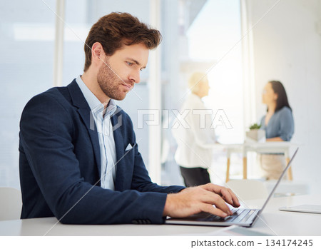 Serious, thinking and business man working on a laptop in a office with website data and planning. Entrepreneur, management worker and online database analyst typing on a computer for a web update Serious, thinking and business man working on a laptop in a office with website data and planning. Entrepreneur, management worker and online database analyst typing on a computer for a web update 134174245