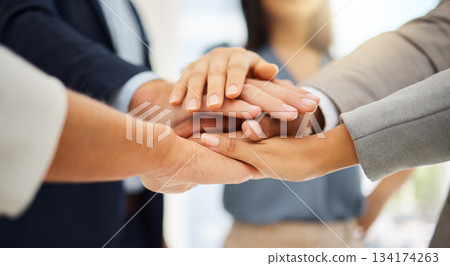 Support, business people collaboration and hands stack together in solidarity, trust and teamwork cooperation. Community, team building mission and professional employee team united for group project 134174263