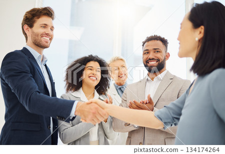 Partnership hand shake, happy or business people applause for acquisition agreement, partner deal or merger success. Thank you handshake, congratulations or diversity group clapping for job promotion Partnership hand shake, happy or business people applause for acquisition agreement, partner deal or merger success. Thank you handshake, congratulations or diversity group clapping for job promotion 134174264