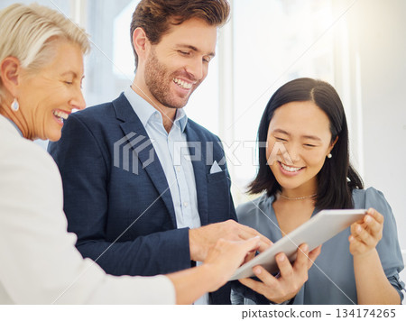 Teamwork, tablet and smile with business people in office for idea, support and collaboration. Diversity, technology and report with group of employees in corporate company for planning and strategy 134174265