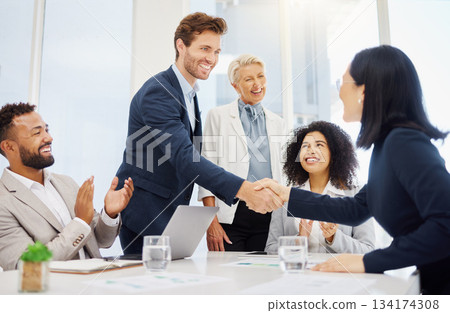 Partnership, agreement and happy business people shaking hands for investment deal, b2b contract negotiation or acquisition. Human resources promotion, diversity and HR manager with hiring welcome 134174308