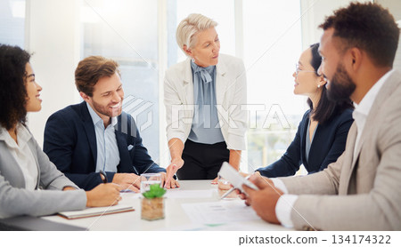 Leader, business meeting and happy people teamwork, cooperation or collaboration on planning, ideas or agency work. Brainstorming group, diversity project and boardroom team working together on plan Leader, business meeting and happy people teamwork, cooperation or collaboration on planning, ideas or agency work. Brainstorming group, diversity project and boardroom team working together on plan 134174322