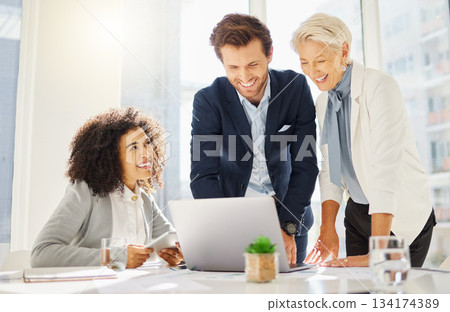 Laptop, laughing and happy business people smile for office achievement, KPI report or brand development progress. Teamwork, online information and corporate team excited for company growth success 134174389