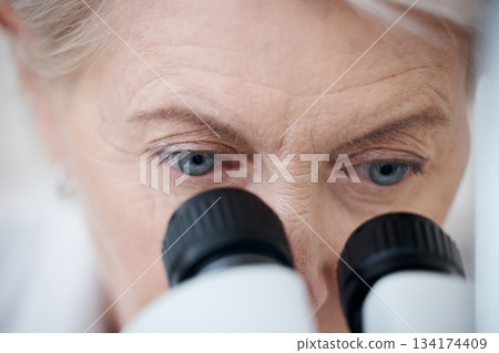 Microscope, science and woman for medical analysis in a laboratory for investigation or research. Eyes of senior scientist person with equipment for biotechnology study, innovation or development Microscope, science and woman for medical analysis in a laboratory for investigation or research. Eyes of senior scientist person with equipment for biotechnology study, innovation or development 134174409