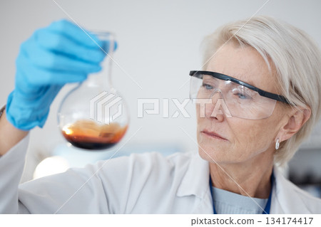 Woman, chemical test and science research or medical analysis in a laboratory for investigation or study. Face of a scientist person with liquid, goggles and flask for future medicine or innovation Woman, chemical test and science research or medical analysis in a laboratory for investigation or study. Face of a scientist person with liquid, goggles and flask for future medicine or innovation 134174417