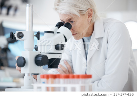 Science woman, microscope and medical analysis in a laboratory with scientist for investigation or research. Expert person in lab with equipment for healthcare, medicine or biotechnology innovation Science woman, microscope and medical analysis in a laboratory with scientist for investigation or research. Expert person in lab with equipment for healthcare, medicine or biotechnology innovation 134174436
