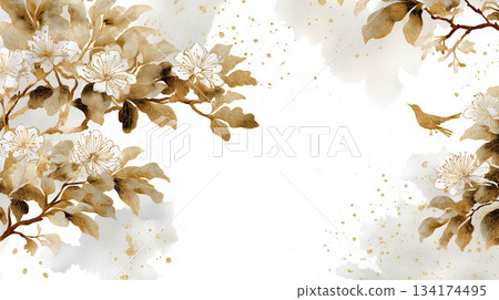 A Japanese scene woven with gorgeous flowers and birds nestled together, the delicate watercolor touches stand out, perfect for a Japanese-style image. A Japanese scene woven with gorgeous flowers and birds nestled together, the delicate watercolor touches stand out, perfect for a Japanese-style image. 134174495