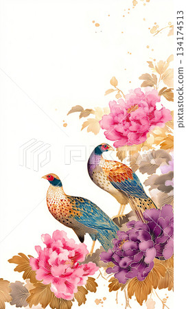 Watercolor illustration of birds and flowers drawn in an elegant composition, design material with a Japanese atmosphere, decorative background, printed matter Watercolor illustration of birds and flowers drawn in an elegant composition, design material with a Japanese atmosphere, decorative background, printed matter 134174513