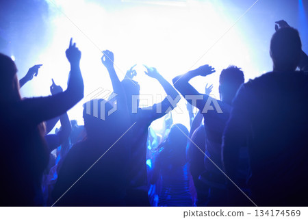 Blue, neon lights and people dancing at music festival from back, lighting and energy at live concert event. Dance, fun and group of excited fans in arena at rock band performance or crowd at party. Blue, neon lights and people dancing at music festival from back, lighting and energy at live concert event. Dance, fun and group of excited fans in arena at rock band performance or crowd at party. 134174569