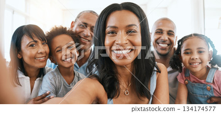 Portrait, big family and happy selfie in home, bonding or having fun together. Happiness, parents and grandparents with children taking face pictures, social media and enjoying quality time in house. Portrait, big family and happy selfie in home, bonding or having fun together. Happiness, parents and grandparents with children taking face pictures, social media and enjoying quality time in house. 134174577