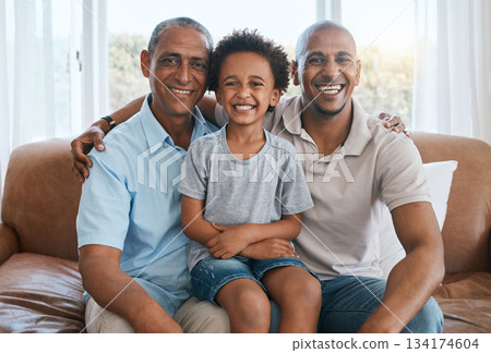 Portrait, grandfather and kid smile with dad in home living room on sofa, bonding or having fun. Family, happiness and boy with grandpa and father, care and enjoying quality time together on couch. Portrait, grandfather and kid smile with dad in home living room on sofa, bonding or having fun. Family, happiness and boy with grandpa and father, care and enjoying quality time together on couch. 134174604