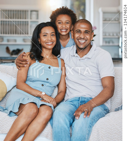 Happy, black family and portrait of parents with son on sofa for bonding, quality time and relaxing at home. Love, living room and mother, father and child on couch with smile, hugging and happiness Happy, black family and portrait of parents with son on sofa for bonding, quality time and relaxing at home. Love, living room and mother, father and child on couch with smile, hugging and happiness 134174614