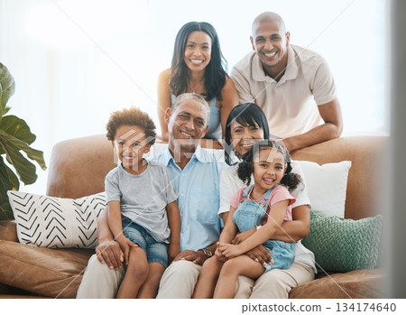 Portrait, love and big family on a couch, smile and bonding with happiness, cheerful or joy at home. Face, grandparents or mother with father, siblings or children on a sofa, chilling or quality time Portrait, love and big family on a couch, smile and bonding with happiness, cheerful or joy at home. Face, grandparents or mother with father, siblings or children on a sofa, chilling or quality time 134174640