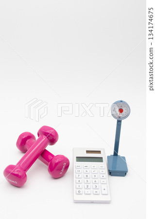 Image of pink dumbbells, calculator and scale for managing exercise and diet Image of pink dumbbells, calculator and scale for managing exercise and diet 134174675