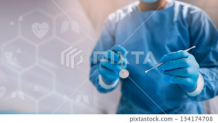 Hands, tools and hospital overlay with doctor for surgery, emergency procedure or medical support. Surgeon, healthcare and 3d holographic with tweezers for help, surgical operation or work in clinic 134174708