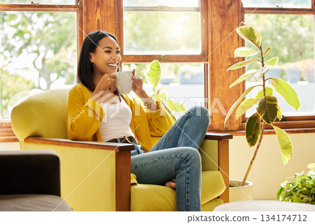 Relax, smile and woman on couch, coffee and peace with happiness, calm and peaceful in lounge. Female on sofa, happy and person in living room, gratitude and weekend break with self care in home 134174712