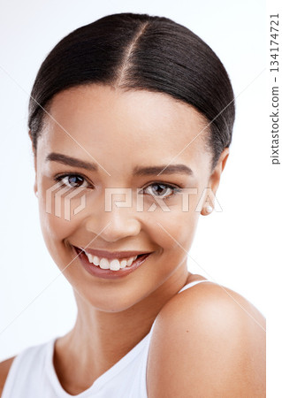 Face portrait, skincare and smile of woman in studio isolated on a white background. Natural cosmetics, beauty makeup and female model with glowing, healthy or flawless skin after facial treatment. Face portrait, skincare and smile of woman in studio isolated on a white background. Natural cosmetics, beauty makeup and female model with glowing, healthy or flawless skin after facial treatment. 134174721