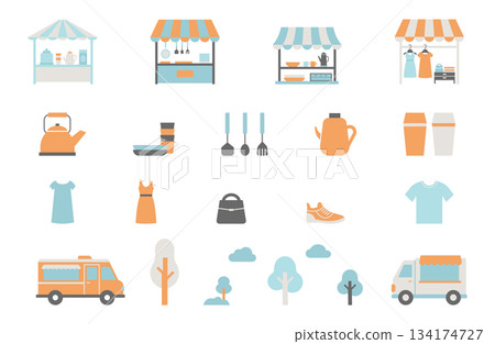 Flea market and food truck modern and retro flat icon set Flea market and food truck modern and retro flat icon set 134174727