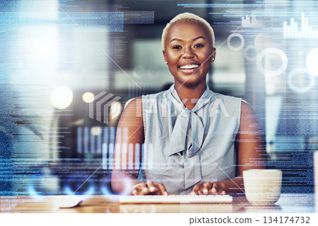 Black woman, business and typing with chart overlay in portrait with smile, keyboard and financial analysis. African businesswoman, holographic dashboard and happy with fintech, graph and accounting 134174732