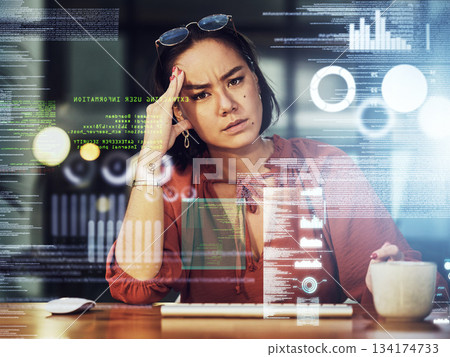 Business headache, stress and Asian woman gets a cyber security attack, virus or glitch. Anxiety, depressed portrait and serious person with graphs for data hacked with ransomware in phishing overlay Business headache, stress and Asian woman gets a cyber security attack, virus or glitch. Anxiety, depressed portrait and serious person with graphs for data hacked with ransomware in phishing overlay 134174733