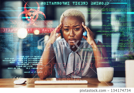 Stress, programmer headache and black woman gets a cyber security attack, virus or glitch. Anxiety, depression and portrait of sad person in it or big data hacked with ransomware in office overlay. Stress, programmer headache and black woman gets a cyber security attack, virus or glitch. Anxiety, depression and portrait of sad person in it or big data hacked with ransomware in office overlay. 134174734