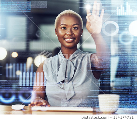 Touch screen, hologram and black woman with data analytics, statistics or finance. Holographic, futuristic and happy business person with overlay of future technology, ui or ux with hand interaction Touch screen, hologram and black woman with data analytics, statistics or finance. Holographic, futuristic and happy business person with overlay of future technology, ui or ux with hand interaction 134174751