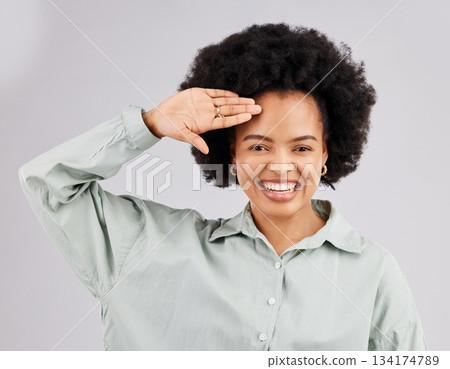 Salute, smile and portrait of black woman greeting feeling proud and excited making hand gesture isolated in a white studio background. Happy, pride and female welcome with respect and hello sign 134174789