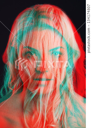 Woman, portrait and double exposure for hair, cosmetics and headshot for beauty with art deco aesthetic. Girl, model and neon glow with overlay, creativity and reflection in studio for hairstyle 134174807