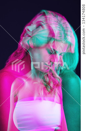 Double exposure, thinking and beauty with a woman on a dark background in studio for neon art or fantasy. Overlay, idea and abstract with an attractive young female model posing on a black backdrop 134174808