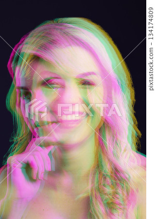 Double exposure, beauty and portrait of woman with smile on black background for cosmetics, glow and makeup. Neon aesthetic, art deco and face of female model happy, laughing and confident in studio Double exposure, beauty and portrait of woman with smile on black background for cosmetics, glow and makeup. Neon aesthetic, art deco and face of female model happy, laughing and confident in studio 134174809