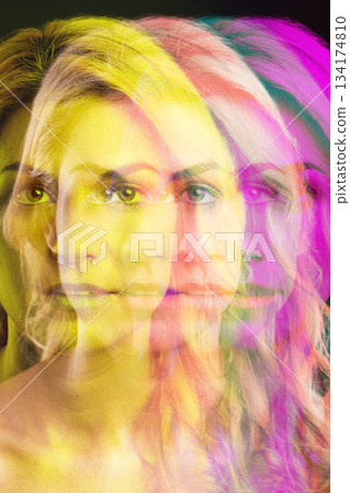 Woman, portrait and double exposure of face for cosmetics, headshot and beauty for art deco aesthetic. Girl, model and neon glow with overlay, creativity and reflection in studio by black background Woman, portrait and double exposure of face for cosmetics, headshot and beauty for art deco aesthetic. Girl, model and neon glow with overlay, creativity and reflection in studio by black background 134174810