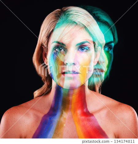 Woman, fantasy portrait or double exposure with rainbow paint for beauty, cosmetics or headshot. Girl, model and neon glow for painting, creativity or shine for body art in studio by black background 134174811