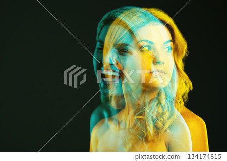 Double exposure, idea and mockup with a woman on a dark background in studio for neon art or fantasy. Overlay, thinking and beauty with an attractive young female model posing on a black backdrop Double exposure, idea and mockup with a woman on a dark background in studio for neon art or fantasy. Overlay, thinking and beauty with an attractive young female model posing on a black backdrop 134174815