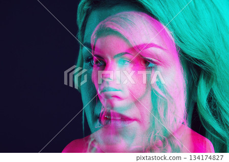 Overlay, face and serious woman thinking or with a dark mindset or thought isolated in a black studio background. Wondering, worried and intense female person contemplating a decision or choice 134174827