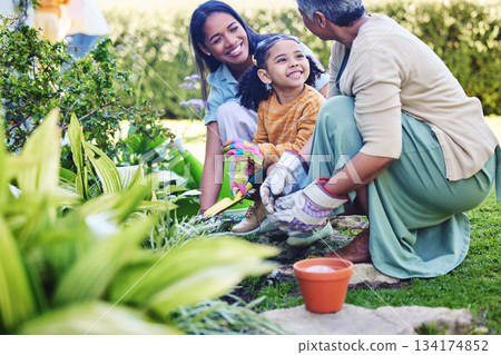 A woman, mother and daughter gardening together outdoor for growth or sustainability during spring. Plants, children and earth day with a family bonding in the garden for eco friendly landscaping A woman, mother and daughter gardening together outdoor for growth or sustainability during spring. Plants, children and earth day with a family bonding in the garden for eco friendly landscaping 134174852