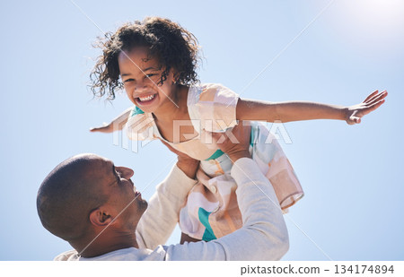 Love, father and girl with a smile, airplane and bonding with joy, quality time and playing outdoor. Portrait, parent and dad with happy daughter, female child and kid with energy, loving or cheerful 134174894