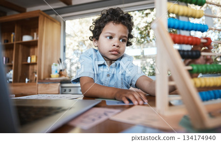 Child, kindergarten and home learning with abacus, toys or numbers education for thinking, development and growth. Boy student, homework and elearning math game for young nursery homeschool kid Child, kindergarten and home learning with abacus, toys or numbers education for thinking, development and growth. Boy student, homework and elearning math game for young nursery homeschool kid 134174940