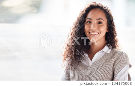Portrait, mockup and woman with smile, business and confident girl with joy, cheerful and happiness. Face, female employee and entrepreneur with startup, creativity and success with positive mindset 134175008
