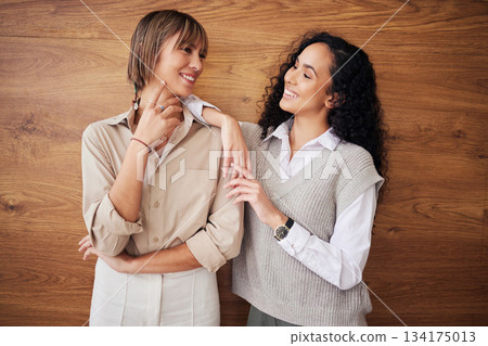 Business women, smile and teamwork of happy female staff and friends in a company. Office, success and management team with corporate pride from entrepreneur work of a professional woman employee Business women, smile and teamwork of happy female staff and friends in a company. Office, success and management team with corporate pride from entrepreneur work of a professional woman employee 134175013
