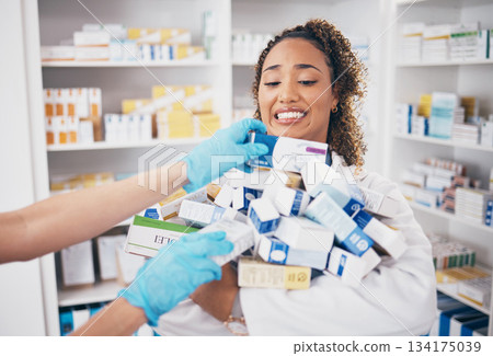 Pills, stock stress and woman pharmacist with medicine box, retail and supplements in a pharmacy with chaos. Healthcare, wellness and shop worker doing inventory for medication sales with anxiety 134175039