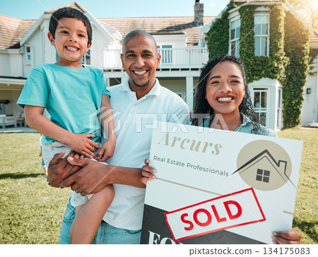 Mother, father and child in property, real estate or billboard of happy family for new home, sold or investment. Portrait of mom, dad and son holding billboard of mortgage asset, homeowner or house Mother, father and child in property, real estate or billboard of happy family for new home, sold or investment. Portrait of mom, dad and son holding billboard of mortgage asset, homeowner or house 134175083